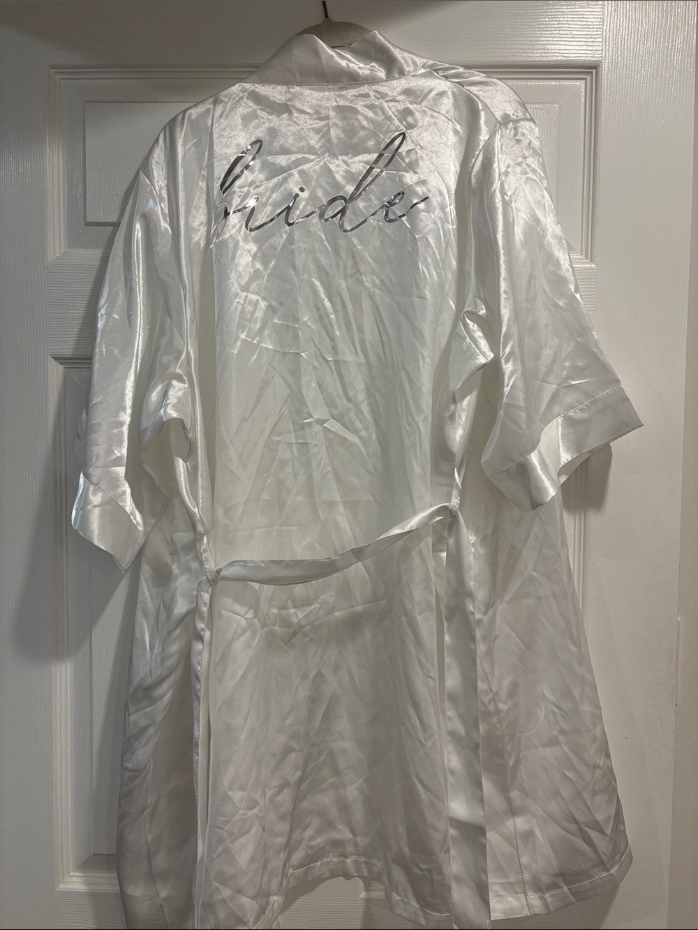 Satin Bride Robe - White Bridal Kimono with Script Back